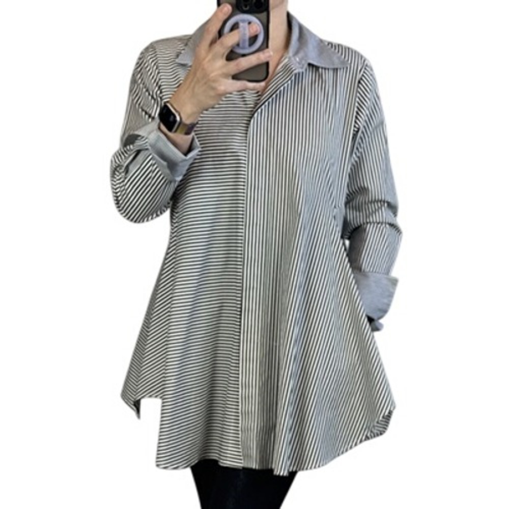 Planet Lauren G Button Artist's Smock Tunic Shirt Size 1 S/M Stripe Pockets